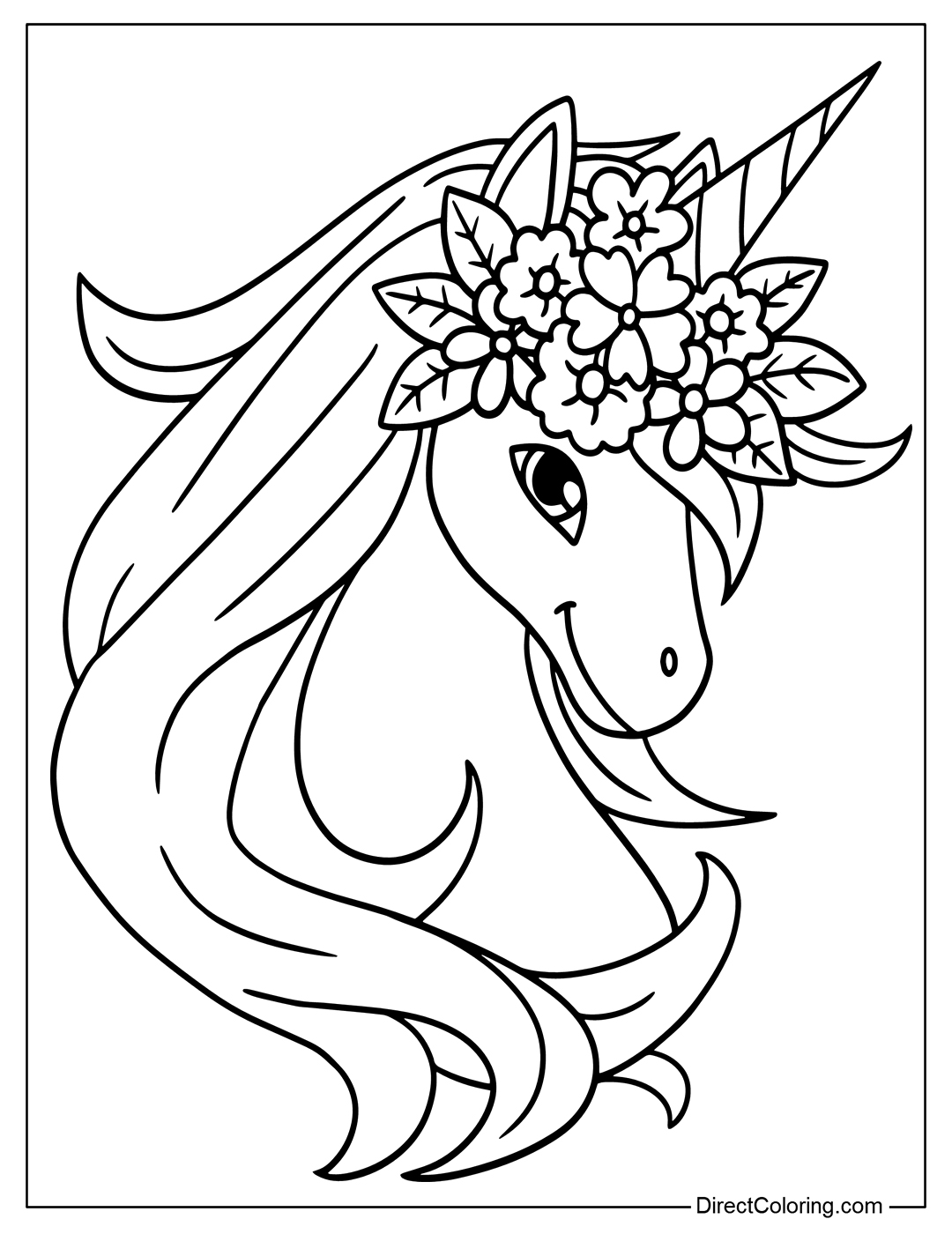 Unicorn With Flower Wreath On Head to Color